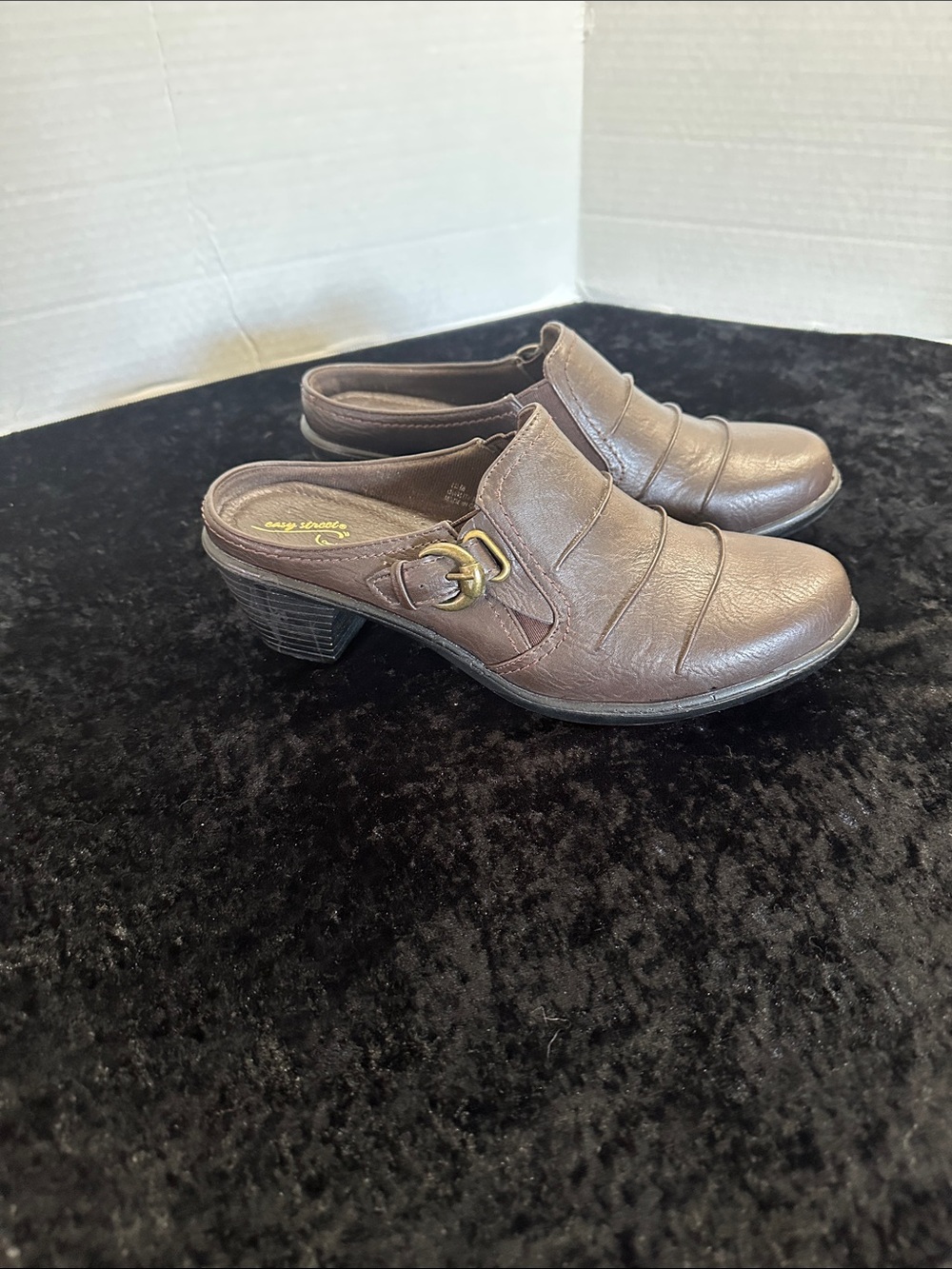 easy street Brown Leather Slip-On Mule with Buckle Accent